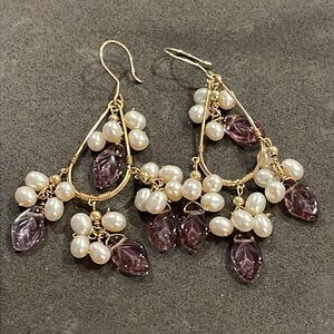 Gold Tone Faux Pearl and Faux Amethyst Dangle Earrings
